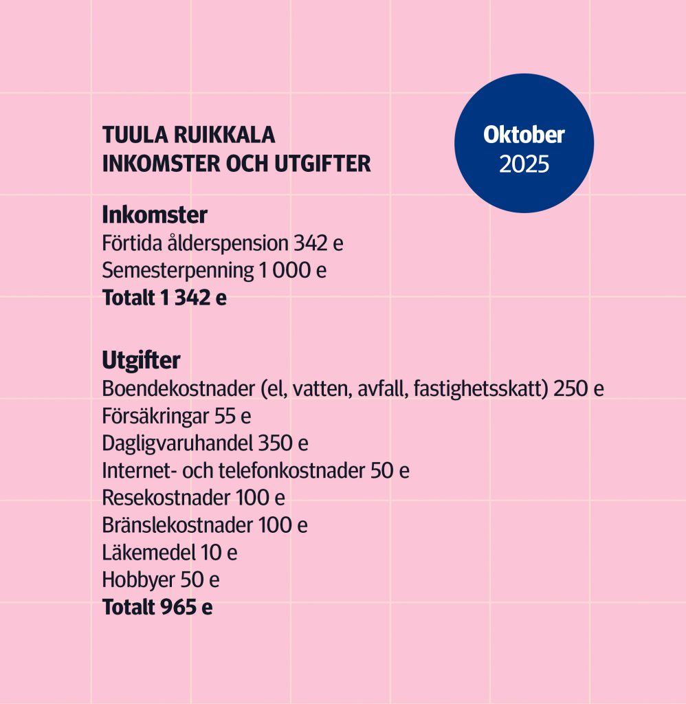 Tuula Ruikkala inkomster och utgifter, oktober 2025:
Inkomster:
Förtida ålderspension 342 euro,
Semesterpenning 1 000 € euro,
Totalt 1 342 euro.
Utgifter:
Boendekostnader (el, vatten, avfall, fastighetsskatt) 250 euro,
Försäkringar 55 euro,
Dagligvaruhandel 350 euro,
Internet- och telefonkostnader 50 euro,
Resekostnader 100 euro,
Bränslekostnader 100 euro,
Läkemedel 10 euro,
Hobbyer 50 euro,
Totalt 965 euro.