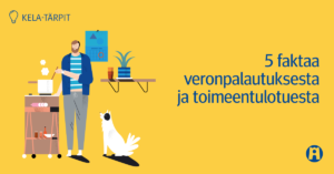 Mies keittää soppaa ja koira katsoo vieressä.