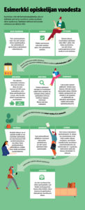 Infograafi, jossa kerrottu opiskelijan vuodesta opintotuen kannalta.