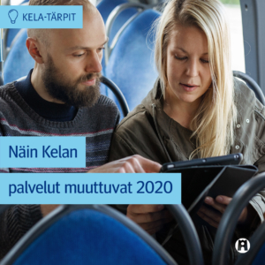 Kuvituskuva. Mies ja nainen katsovat tablettia bussissa.