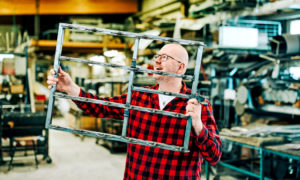 Jussi Eväsoja pitää käsissään ja tarkastelee isoa metallityötä.