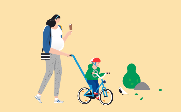 Piirroskuvassa raskaana olevasta nainen ja pyöräilevä lapsi.