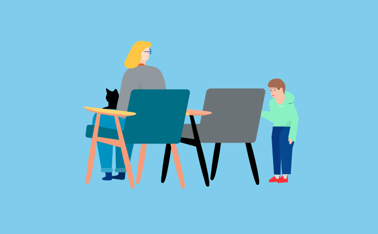 Piirroskuvassa aikuinen istuu ja lapsi seisoo tyhjän tuolin vieressä.